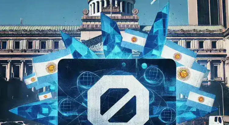 "Sentencia Judicial en Argentina sobre el bloqueo de la aplicación ilegal Magis TV, con un fondo de documentos legales y un martillo de juez representando la justicia."